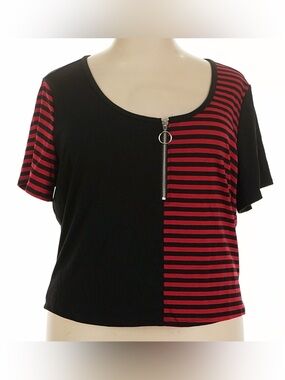 Hot Topic Black and Red Striped Zip-Front Short Sleeve Tee